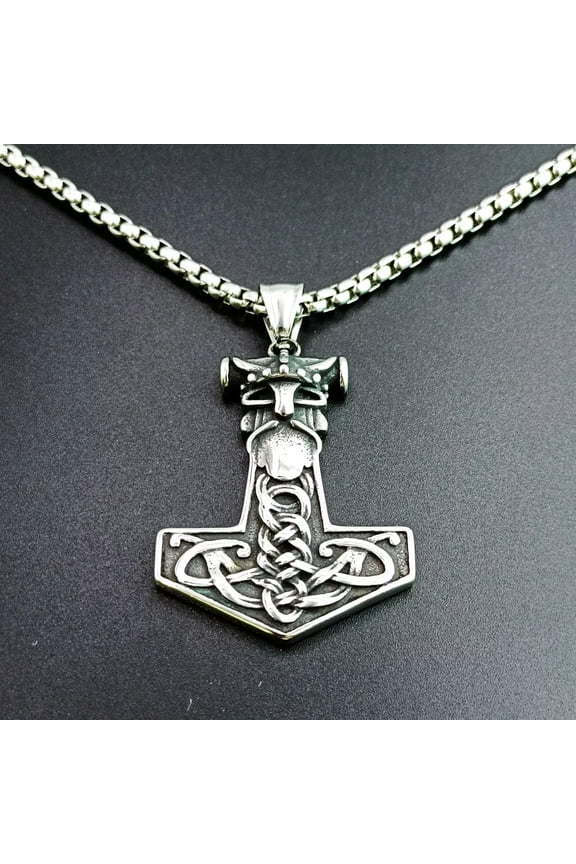 Mens Stainless Steel Nordic Viking Thors Hammer Mjolnir Pendant Necklace