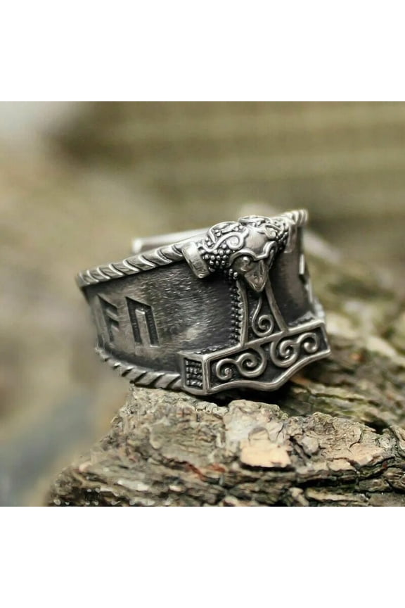 Mens Stainless Steel Nordic Viking Thors Hammer Rune Mjolnir Ring Adjustable-default