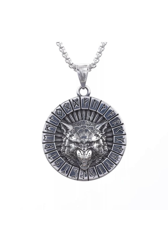 Mens Stainless Steel Nordic Viking Wolf Head Vegvisir Rune Pendant Necklace-default