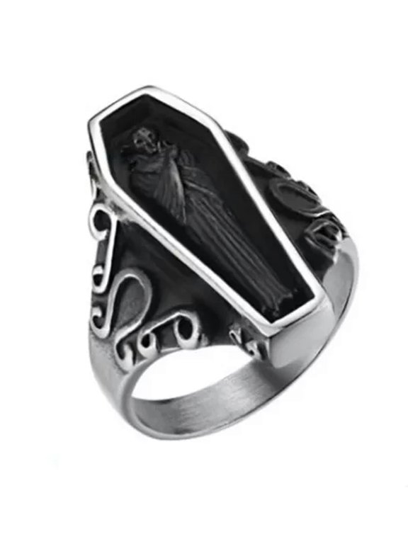Mens Stainless Steel Punk Coffin Rings Gothic Zombie Vampire Skull Biker Ring-13-Black