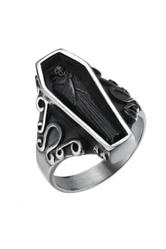 Mens Stainless Steel Punk Coffin Rings Gothic Zombie Vampire Skull Biker Ring