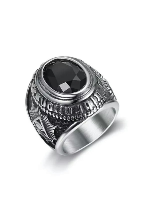 Mens Stainless Steel Satanic Illuminati Masonic Black Onyx Ring Size 7-14-11