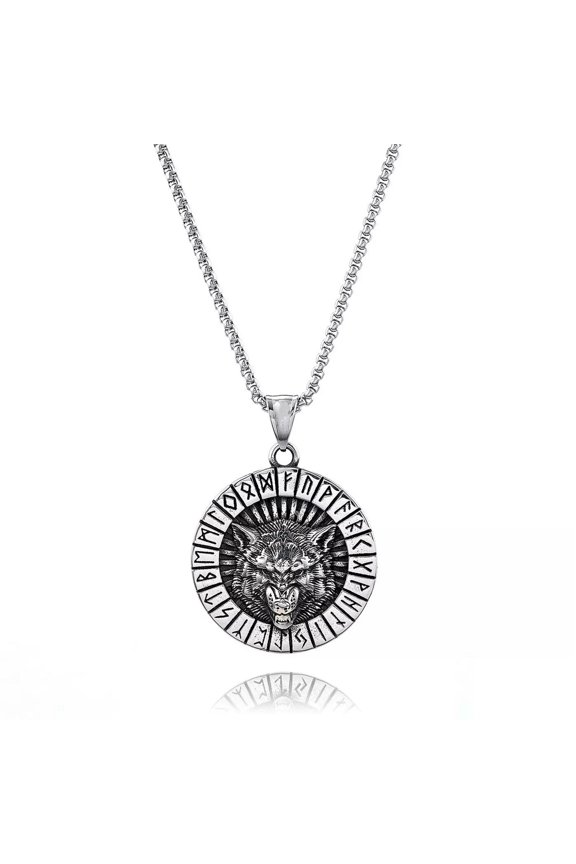 Mens Stainless Steel Viking 3D Wolf Head Pendant Necklace