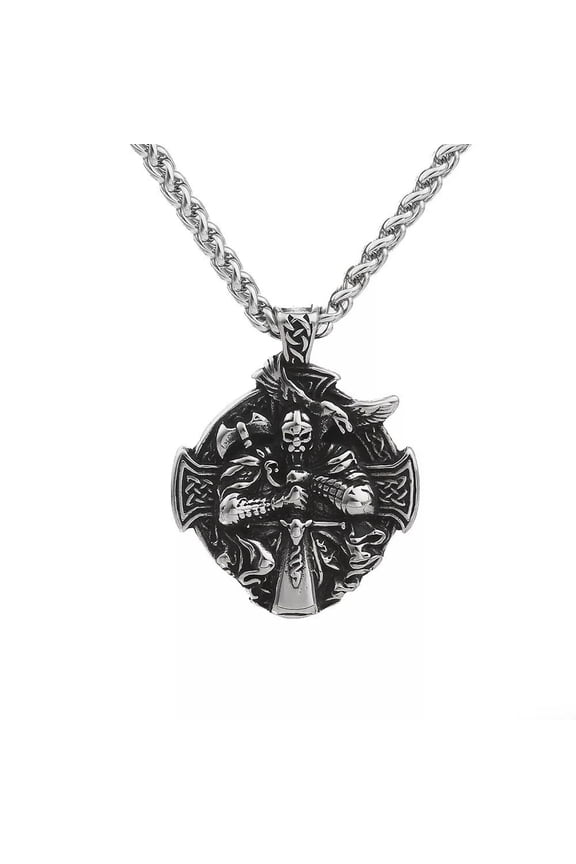 Mens Stainless Steel Viking Norse Axe Odin Raven Cross Pendant Necklace-default
