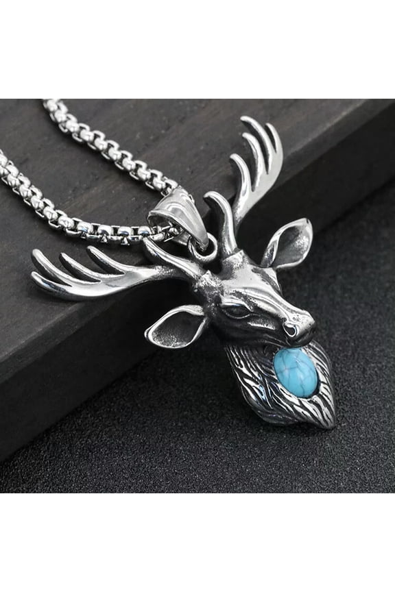 Mens Turquoise Deer Head Antler Pendant Necklace Animal Delicate Jewelry Box Chain 24"