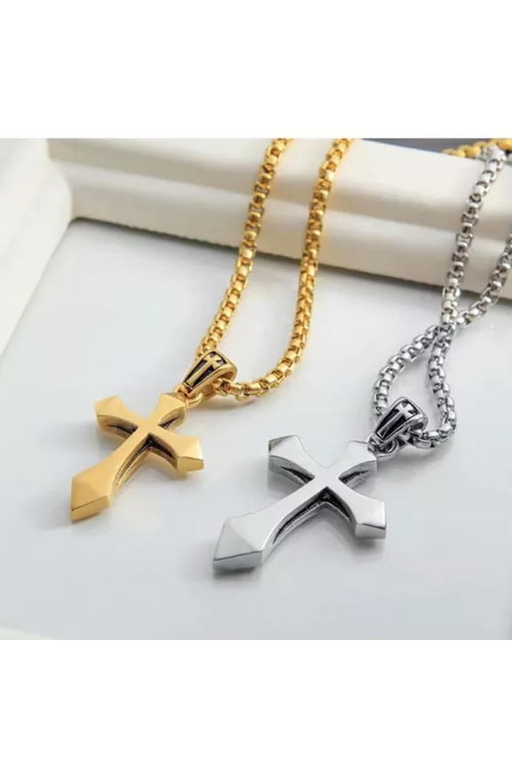 Mens Unisex Stainless Steel Small Cross Pendant Necklace Christian Delicate Jewelry 24"-Black