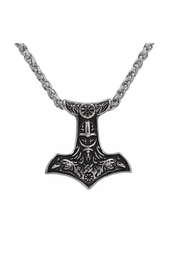 Mens Viking Amulet Vegvisir Odin Raven Pendant Necklace Stainless Steel