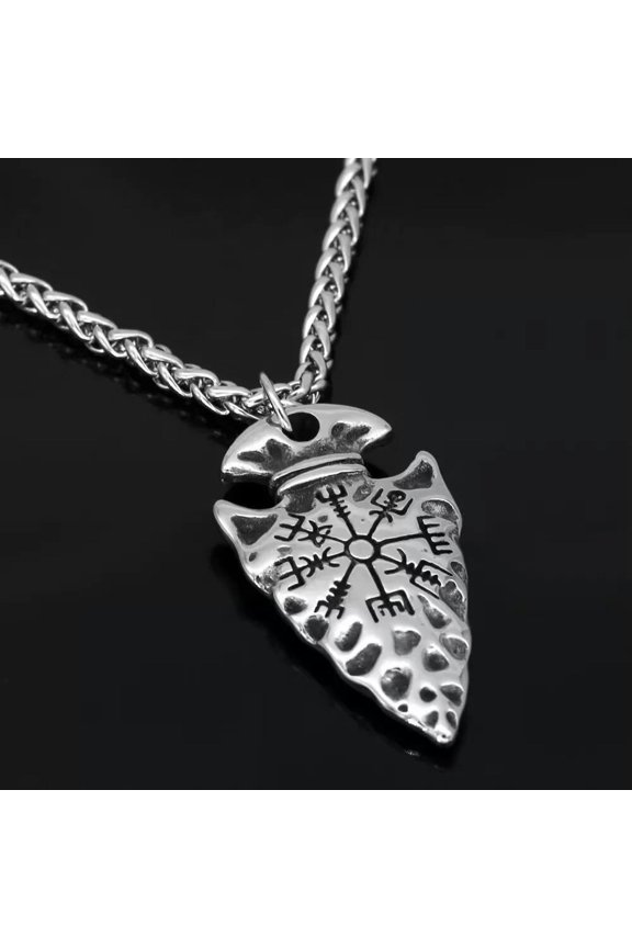 Mens Viking Rune Helm of Awe Spear Arrowhead Pendant Necklace Braided Chain 24"