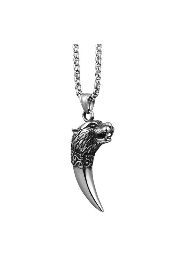 Mens Viking Wolf Head Tooth Teeth Pendant Necklace Stainless Steel Chain