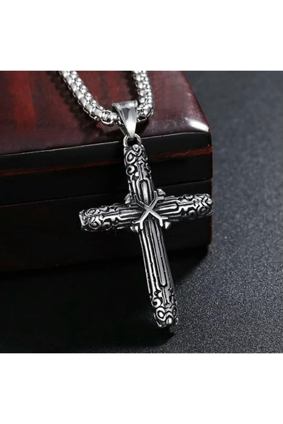 Mens Vintage Gothic Cross Pendant Necklace Religious Delicate Jewelry Silver Chain 24"