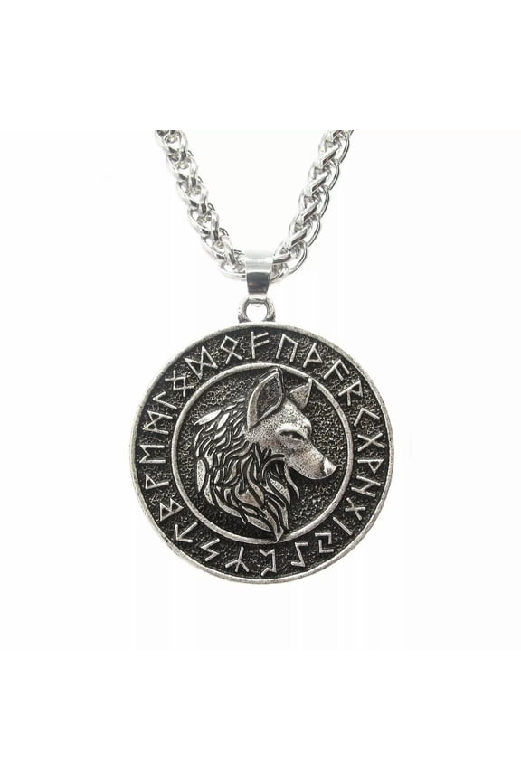 Mens Vintage Norse Viking Rune Wolf Head Pendant Necklace For Men Women Unisex-default