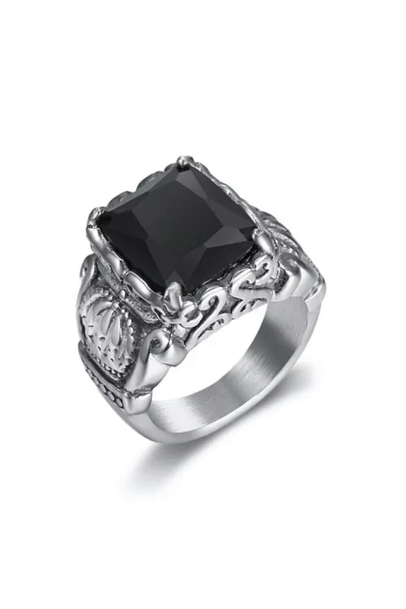 Mens Vintage Stainless Steel Crown Black CZ Stone Ring Fashion Delicate Jewelry Size 7-14-11