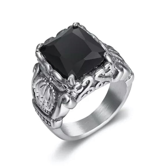 GKNET Mens Vintage Stainless Steel Crown Black CZ Stone Ring Fashion Delicate Jewelry Size 7-14