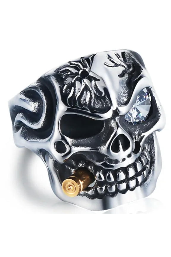 Mens Vintage Stainless Steel Gothic Skull Smoking Bullet Biker Ring-14-White