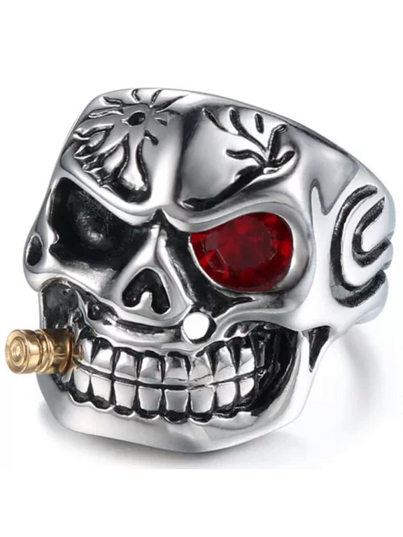 Mens Vintage Stainless Steel Gothic Skull Smoking Bullet Biker Ring-7-Red