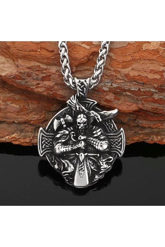Mens Vintage Viking Norse Odin Warrior Raven Shield Pendant Necklace Braid Chain