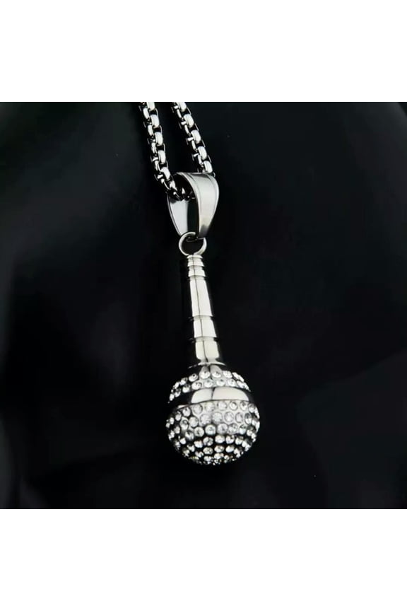 Mens Womens CZ Silver Microphone Pendant Necklace Music Lover Delicate Jewelry Chain 24"