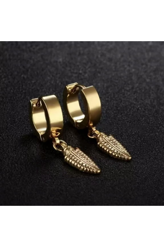 Mens Womens Punk Gold Feather Drop Dangle Hoop Earrings Surgical Steel Jewelry