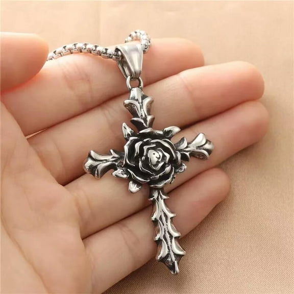 GKNET Mens Womens Punk Retro Rock Rose Cross Pendant Christian Necklace Box Chain 24"
