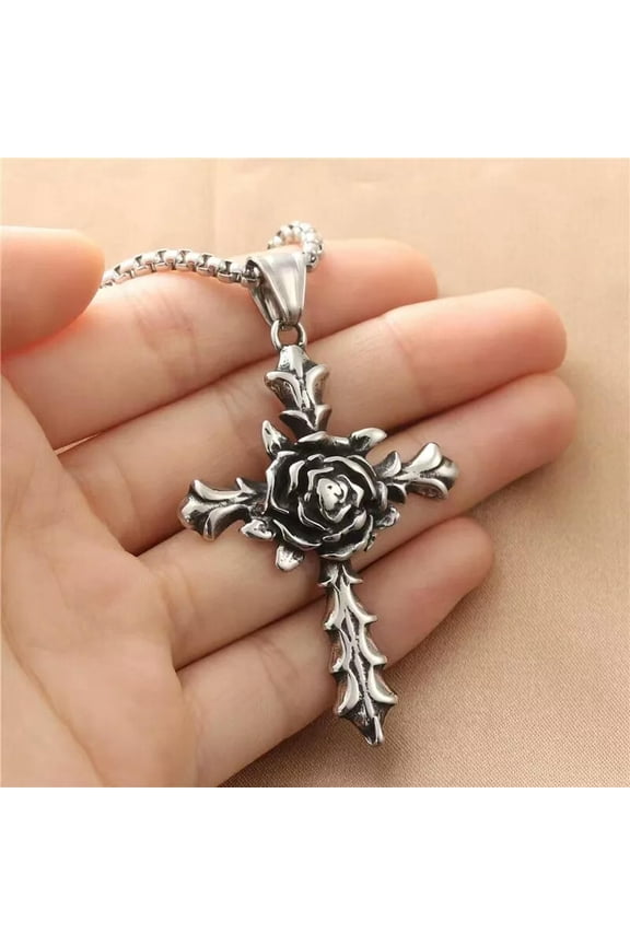 Mens Womens Punk Retro Rock Rose Cross Pendant Christian Necklace Box Chain 24"