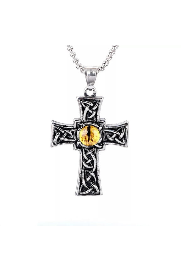 Mens Womens Stainless Steel Celtic Knot Yellow Evil Eye Cross Pendant Necklace-default