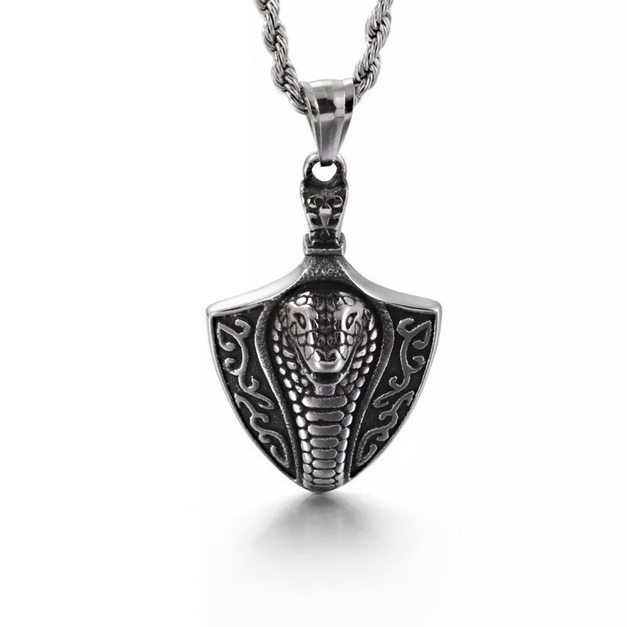Cobra Snake & Cross Pendant Necklace - Stainless Steel, 23.6" Wheat Chain, Vintage Style