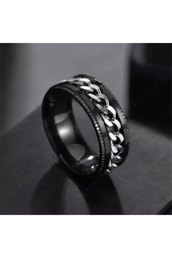 Miami Cuban Link Wide Band Ring Stainless Steel Punk Rock Delicate Jewelry For Men Unisex-9-Silver + Black