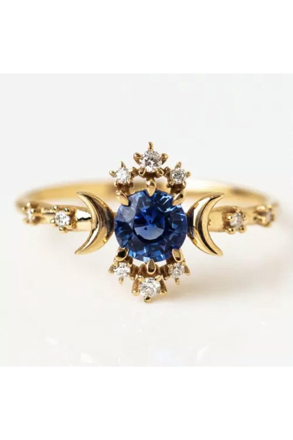 Moon Phase Gold Plated Rring Silvertone Blue Crystal Full & Crescent Size 6~10-8