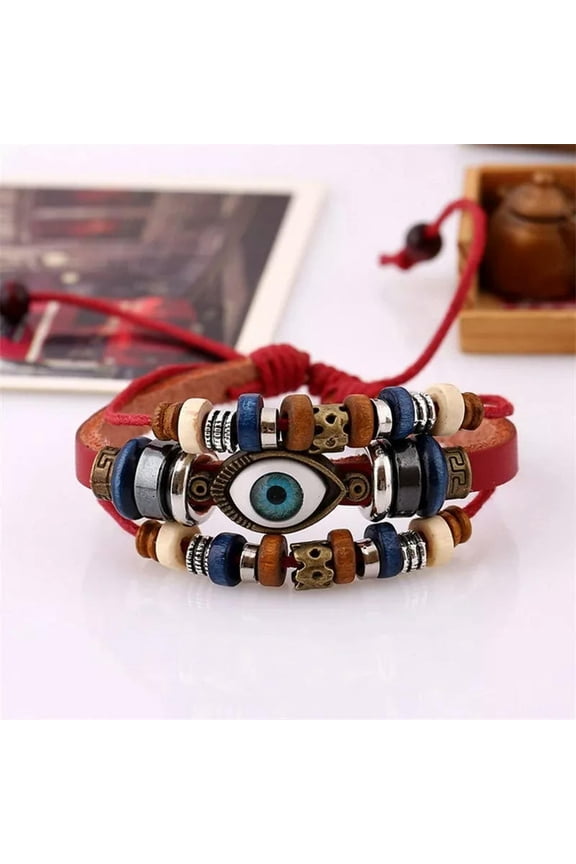 Multi-layer Braided Beaded Red Leather Evil Eye Wristband Bangle Prayer Amulet