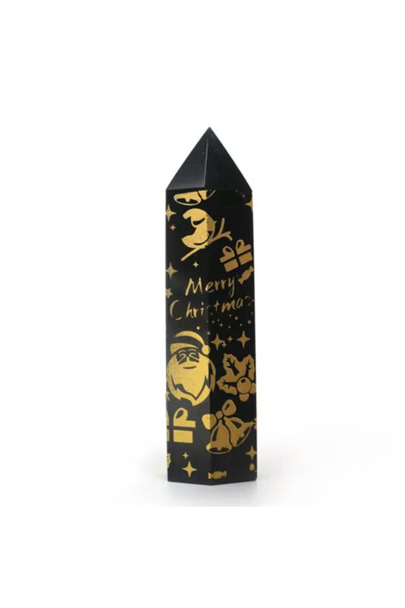 Natural Black Obsidian Point Christmas Pattern Printed Obelisk Tower Xmas Gift-Gold-8~10cm