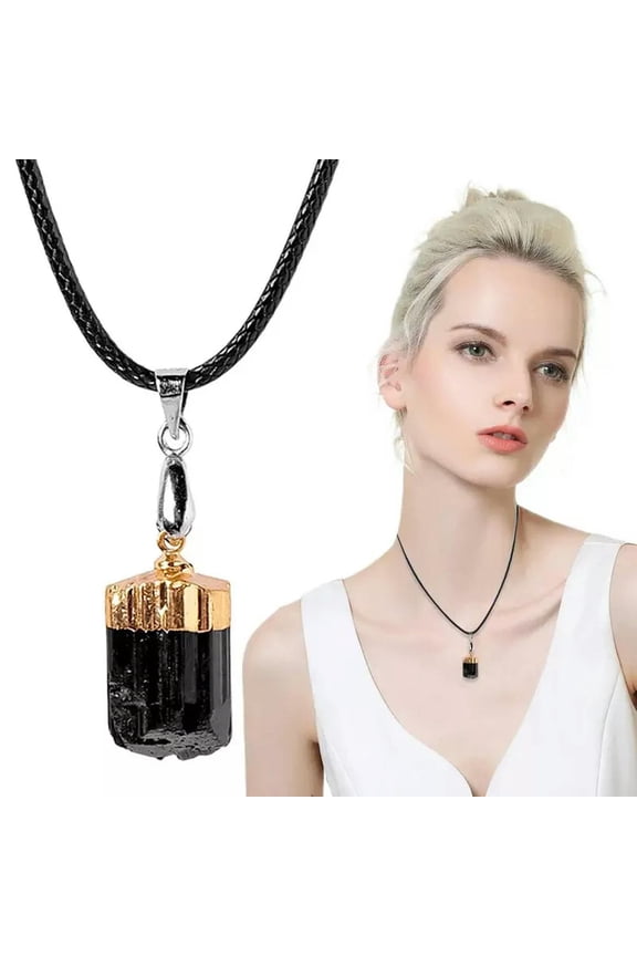 Natural Black Tourmaline Quartz Crystal Pendant Gold Rimmed Energy Rock Decor