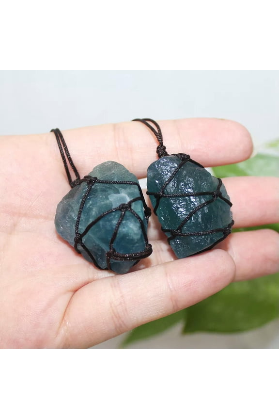 Natural Blue Green Fluorite Quartz Gemstone Pendant Wrap Braid Rope Necklace