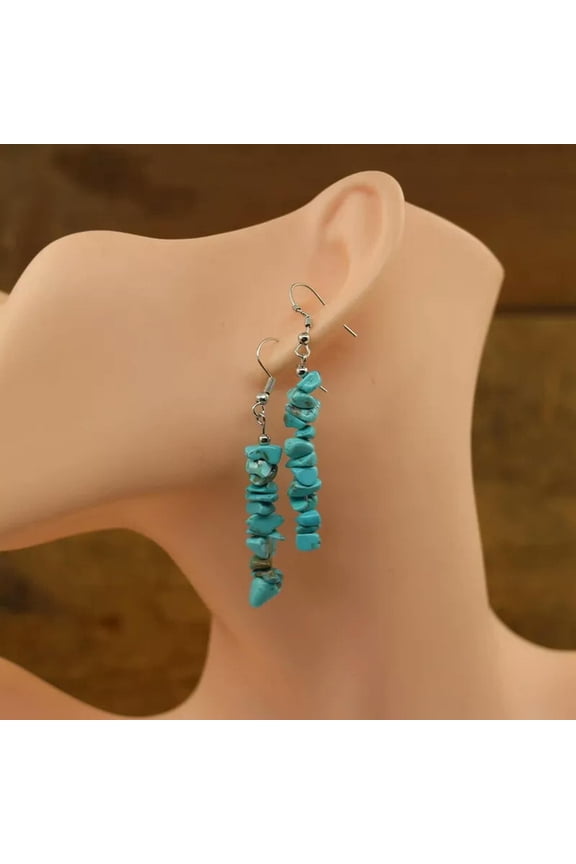 Natural Blue Turquoise Quartz Crystal Macadam Lady Dangle Beaded Earrings 1 Pair