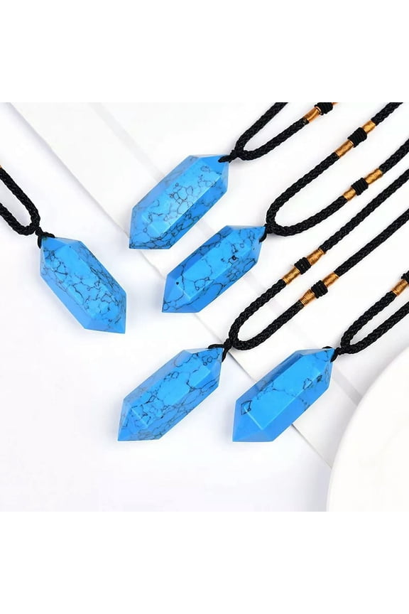 Natural Blue Turquoise Quartz Crystal Obelisk Stone Point Column Necklace Amulet