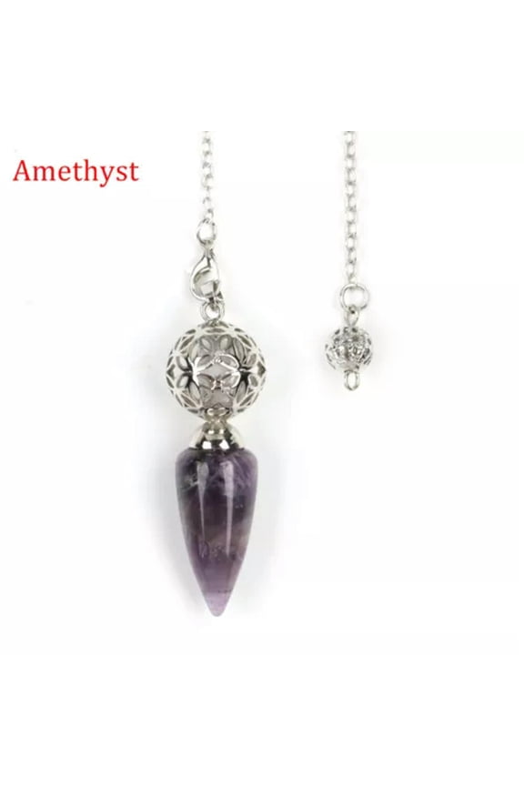 Natural Bullet Point Crystal Quartz Pendulum Metal Cage Energy Stone Amulet-Amethyst - Silver
