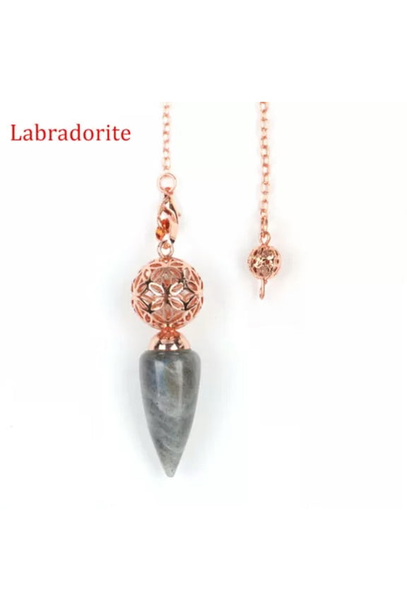 Natural Bullet Point Crystal Quartz Pendulum Metal Cage Energy Stone Amulet-Labradorite - Rose Gold