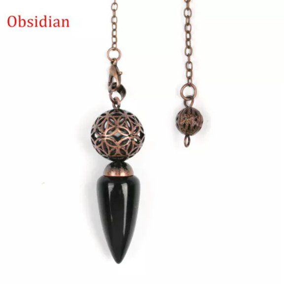 GKNET Natural Bullet Point Crystal Quartz Pendulum Metal Cage Energy Stone Amulet-Obsidian - Bronze