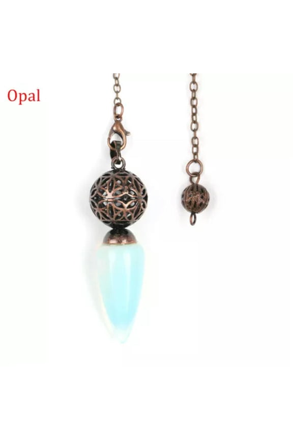 Natural Bullet Point Crystal Quartz Pendulum Metal Cage Energy Stone Amulet-Opal - Bronze