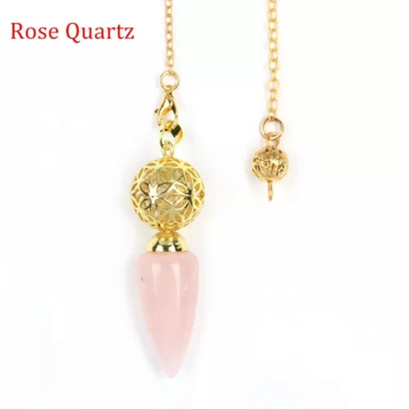 GKNET Natural Bullet Point Crystal Quartz Pendulum Metal Cage Energy Stone Amulet-Rose Quartz - Gold