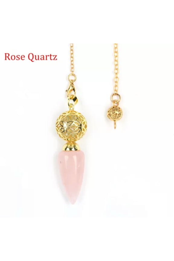 Natural Bullet Point Crystal Quartz Pendulum Metal Cage Energy Stone Amulet-Rose Quartz - Gold