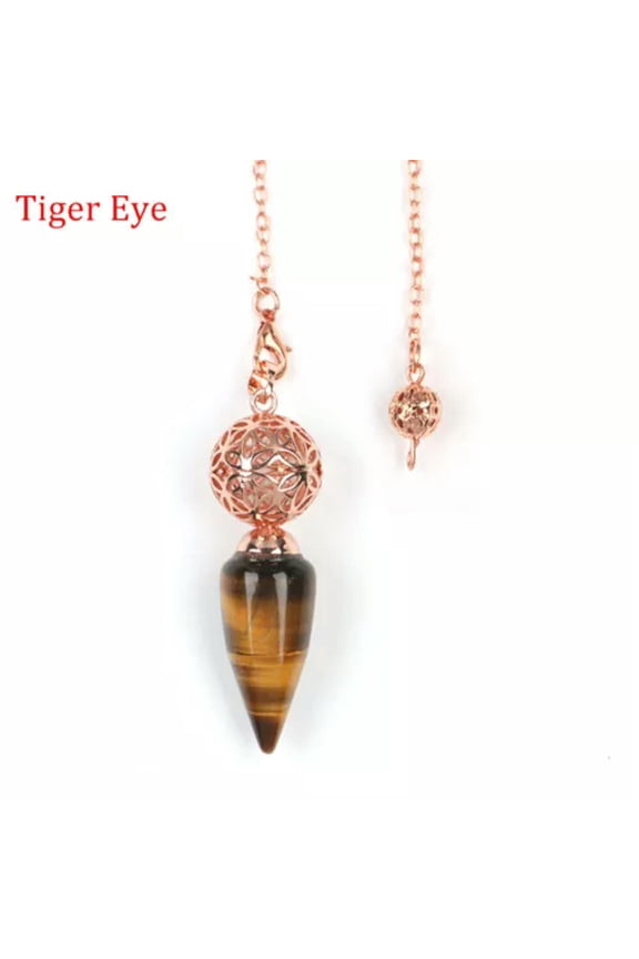 Natural Bullet Point Crystal Quartz Pendulum Metal Cage Energy Stone Amulet-Tiger's Eye - Rose Gold