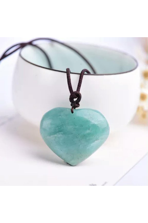 Natural Carved Heart Shaped Stone Polished Crystal Pendat Reiki Healing Necklace-Amazonite