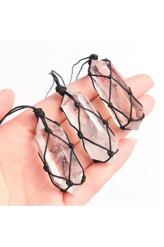 Natural Clear Quartz Gemstone Double Point Pendant Wrap Braid Rope Necklace