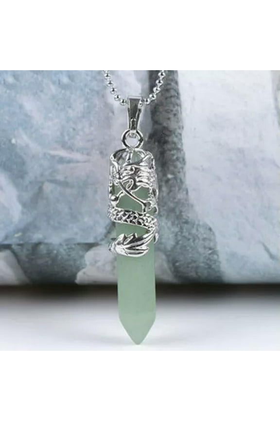 Natural Quartz Crystal Point Column Necklace Hexagonal Gemstone Pendant Amulet-Green Aventurine Jade-1Pc