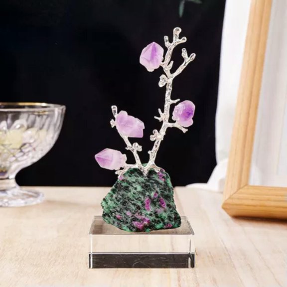 GKNET Natural Crystal Original Stone Fortune Tree Amethyst Tree Crystal Decoration-Ruby In Fuchsite