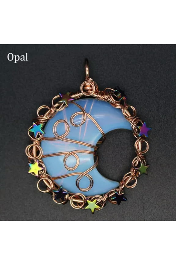 Natural Crystal Quartz Moon Carved Pendant Wire Wrap Titanium Metal Stars Charm-Opal