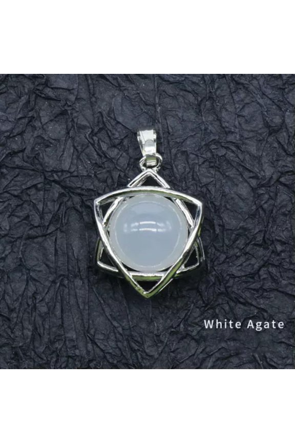 Natural Crystal Quartz Stone Sphere Pendant Hexagram Wrap Bead Necklace Healing-White Agate