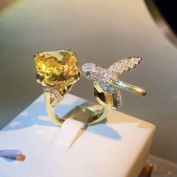 GKNET Natural Crystal Stone Bird 925 Silver Open Ring Women Creativity Delicate Jewelry 4 Color-Yellow