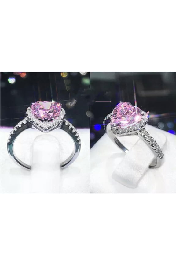 Natural Crystal Zircon Women 925 Sterling Silver Heart Ring Size 5-10 3 Color-Pink-7