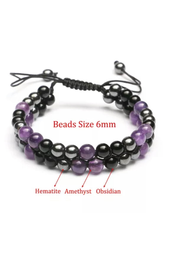 Natural Double Amethyst Hematite Obsidian Beaded Therapy Bracelet Crystal Energy-6MM